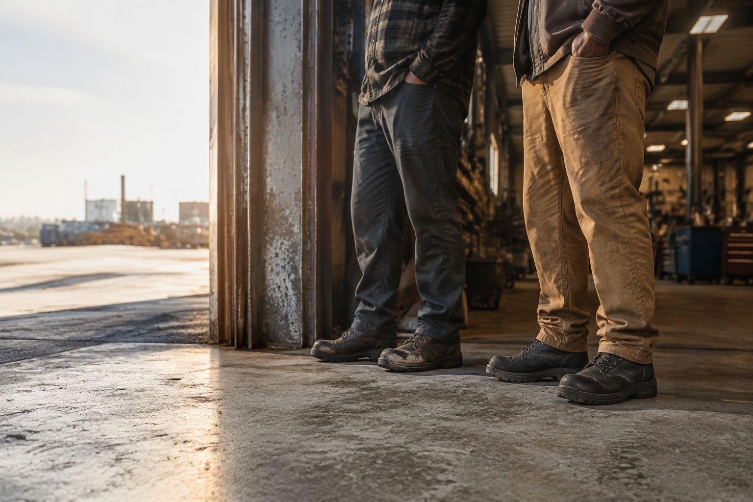 Two workers wearing rugged protective work footwear at an industrial workshop entrance